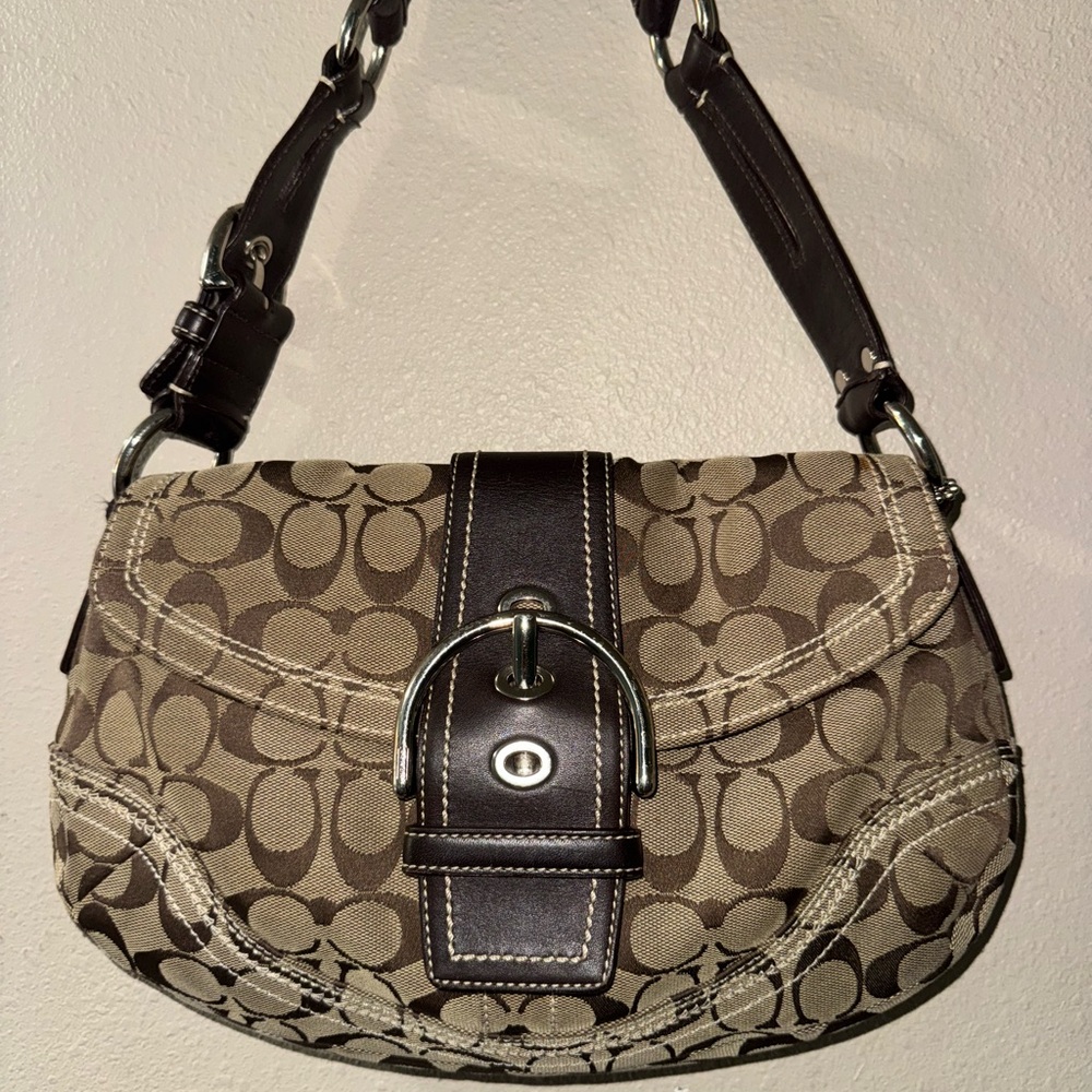 Coach Brown Shoulder Bag with Signature Monogram and Leather Trim